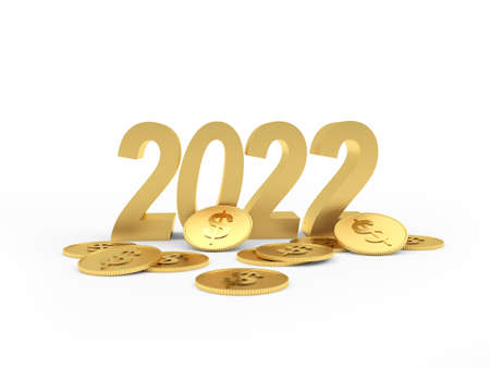 Gold number 2022 with scattered dollar coins. 3D illustrationの写真素材