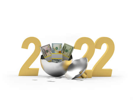 Dollars bills in a broken christmas ball with the number 2022. 3d illustrationの写真素材