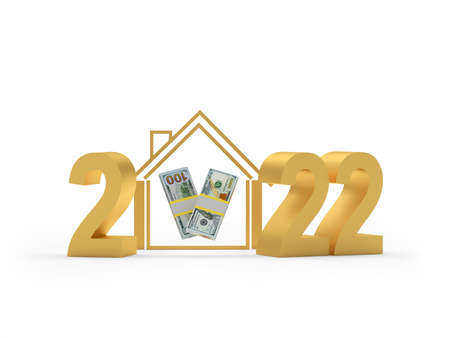 Golden number 2022 and house icon with dollar banknotes. 3D illustrationの写真素材