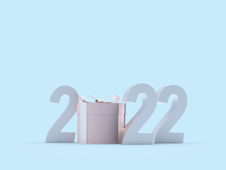Silver number 2022 with gift box on pastel blue background. 3d illustration
