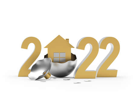 House in a broken Christmas ball with the number 2022.3D illustrationの写真素材