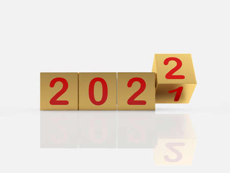 Gold cubes with the number 2021 change to the 2022 number of the New Year with reflection. 3D illustrationの写真素材