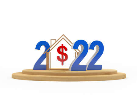 House icon with dollar sign and number 2022 on a stand. 3D illustrationの写真素材