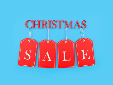 Red labels with text Christmas sale on blue. 3d illustrationの写真素材