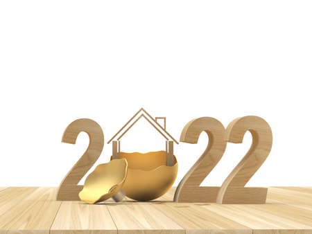 Wooden number 2022 with a house in a broken Christmas ball on a wooden surface. 3D illustrationの写真素材