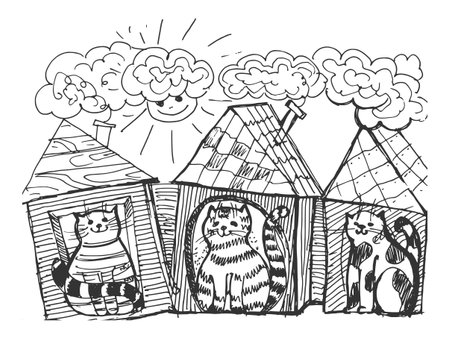 hand drawn, cartoon, sketch illustration of funny catsのイラスト素材