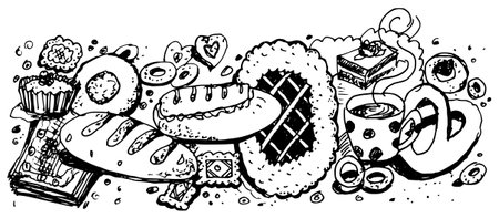 hand drawn, cartoon, sketch illustration of baking and flour productsのイラスト素材