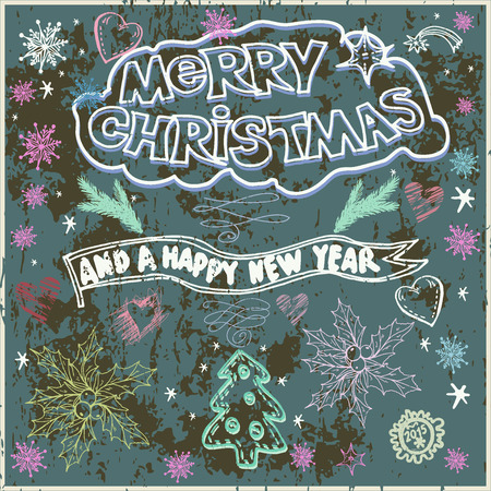 Vector graphic, artistic,  stylized image. Hand Drawn Christmas Card  on Chalkboard - Illustration. Chalk lettering. Stylized inscription on the painted boardのイラスト素材