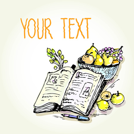Vector graphic, artistic, stylized sketch cookbook recipes with fruitのイラスト素材