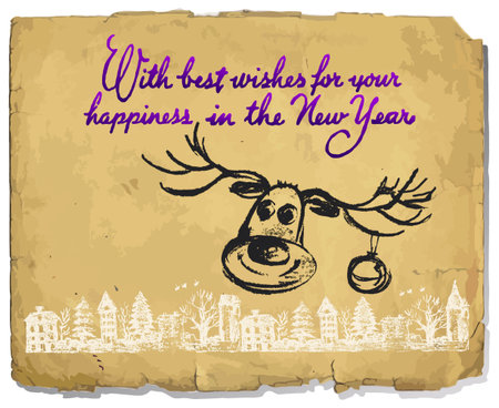 Vector graphic, artistic, stylized image of Vintage Hand Drawn congratulation Christmas Greeting Card on old paper with the image of a deer and a winter cityのイラスト素材