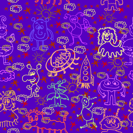 Vector graphic, artistic, stylized image of Alien Happy Cute Monsters Seamless Pattern Backgroundのイラスト素材