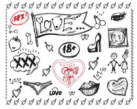 Vector graphic, artistic, stylized image of set for design on the theme of sex and love.のイラスト素材
