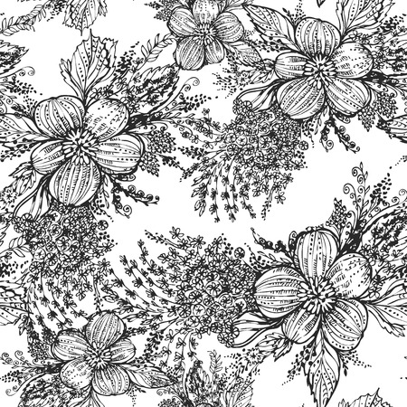 Vector graphics, artistic, stylized seamless pattern duotone background with flowers and leaves. Pattern and  background are on separate layers.のイラスト素材