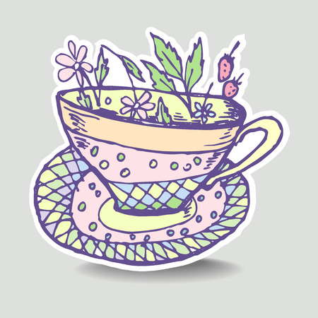 Vector illustration with the image of a cup of herbal tea, sticker, emblem, badge.のイラスト素材