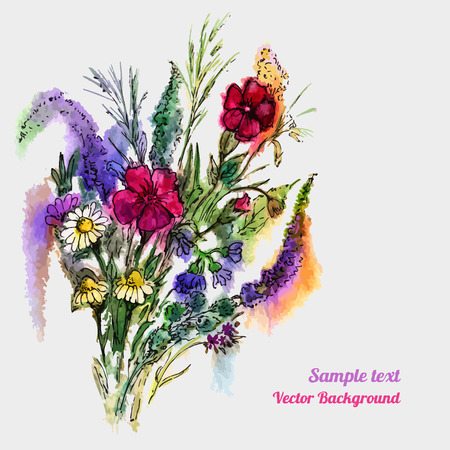 Romantic watercolor card with flowers. Decor design greeting cards, wedding invitations, marriage, bridal, birthday, Valentine's day, newborn baby. Vector illustration.のイラスト素材