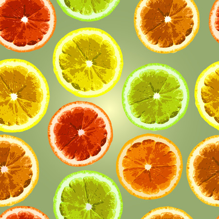 Bright seamless vector pattern with the image slices of lemon, lime, orange. Can be used to design fabrics, wallpaper, wrapping paper.のイラスト素材
