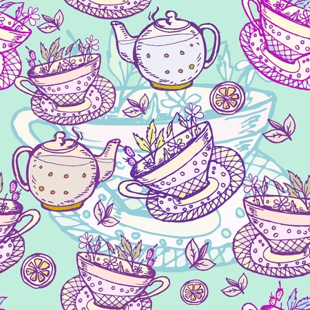 Vector graphic, artistic, stylized image of seamless pattern watercolor with cup of tea, coffeeのイラスト素材