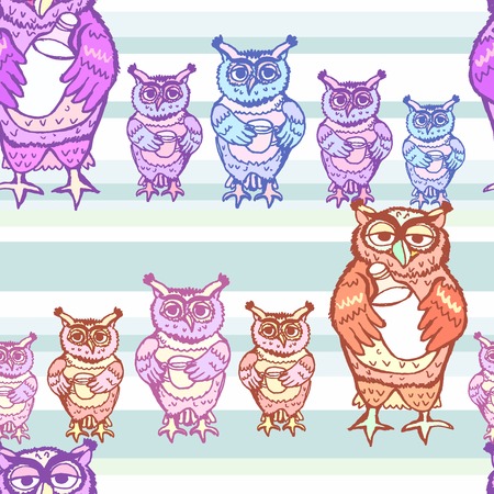 Vector seamless pattern with the image of an owl with chick.のイラスト素材