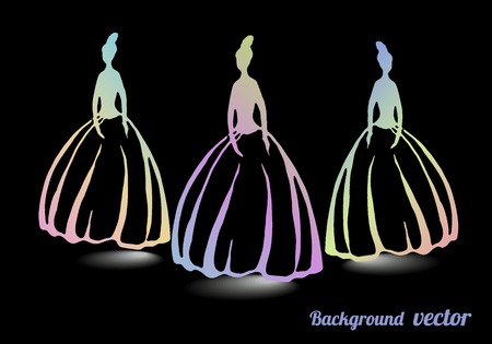 Silhouettes of three girls in a beautiful evening gown, stylized flower. Vector illustration.のイラスト素材