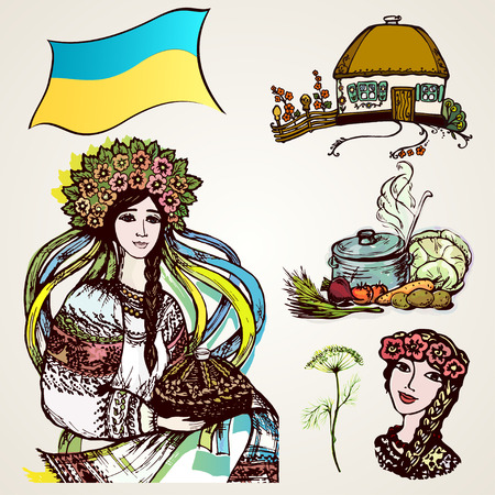 A set of drawings of Ukrainian characters. graphic, artistic, stylized image of Ukraine, welcome!のイラスト素材