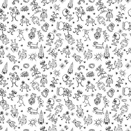 Black and white seamless pattern with monstersの写真素材