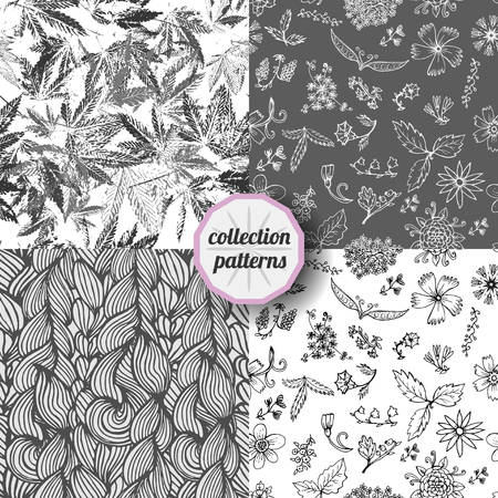 set of seamless patterns with pictures of flowers, cannabis and braid. Pattern can be used for fabric design, wallpaper, wrapping papers.の写真素材