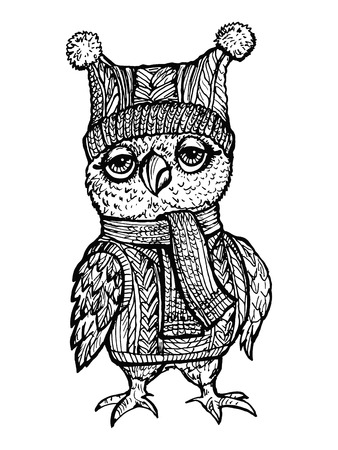 Vector image Owl in a knitted hat. Can be used for coloring, design of books, emblem, postcards.のイラスト素材