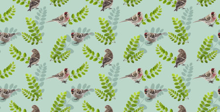 Seamless nature pattern with birds (common redpoll) and leaves (robinia), wallpaper, backgroundの写真素材