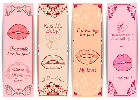 Four vintage romantic cards with ornaments and sketches of lips.のイラスト素材