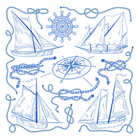 Nautical  blue set of sketch elements: Sailing Yacht, ropes and knots, steering wheel and Windrose. White background.のイラスト素材