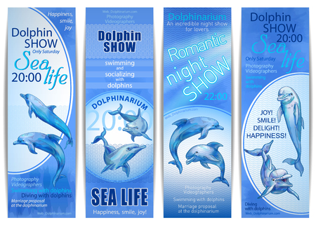 Four blue card ticket to the show in the dolphinarium with dolphin watercolor sketches.のイラスト素材