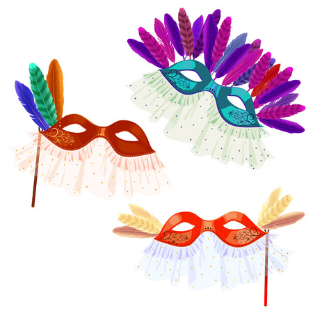 Carnival masks with feathers and veil for masquerade on a white backgroundのイラスト素材