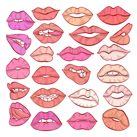 Sketch illustration set feminine lips on white background.のイラスト素材