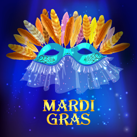 Carnival mask with feathers and veil for masquerade on a dark background with bright sparks.のイラスト素材