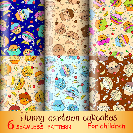 Six seamless pattern of cartoon funny cupcakes. It can be used for prints; fabrics; wrapping paper, textiles and the elements of your design.のイラスト素材