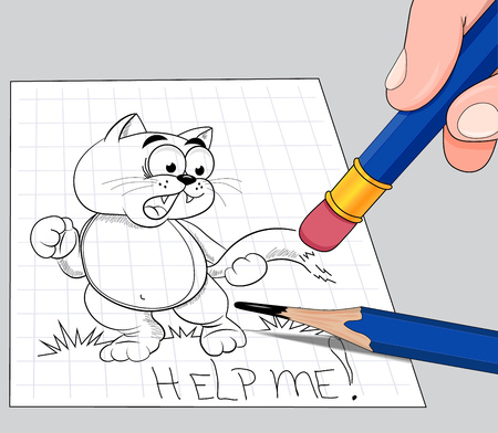 Funny illustration. Painted cartoon cat shouts: "Help me!", - when he wiped eraser.のイラスト素材