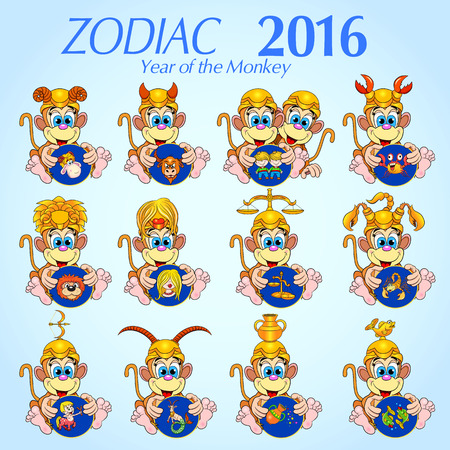 Zodiac. Set. Cartoon Monkey holding cards with pictures of the zodiac signs, signed by Latin names and dates indicated. Vector illustration.のイラスト素材