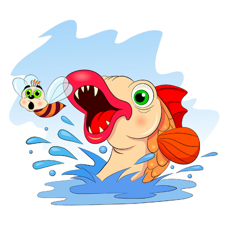 Hungry fish jumps out of the water to catch a fly to eat.のイラスト素材