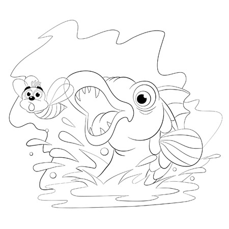 Coloring book. Hungry fish jumps out of the water to catch a fly to eat.のイラスト素材