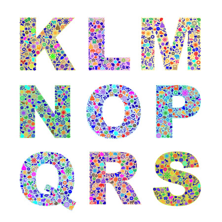 Vector coloring font with chaotic images of different icons inside the letters.のイラスト素材