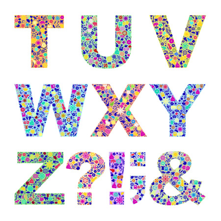 Vector coloring font with chaotic images of different icons inside the letters.のイラスト素材