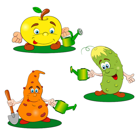 Funny gardeners with a watering can. Apple, cucumber and carrots are preparing for agricultural work.のイラスト素材