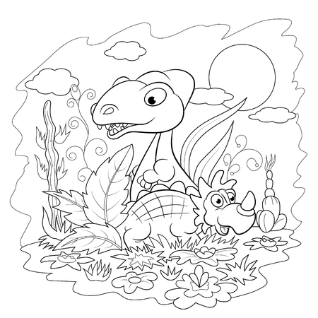 Two funny cartoon dinosaur among the flowers and plants. Coloring book.のイラスト素材