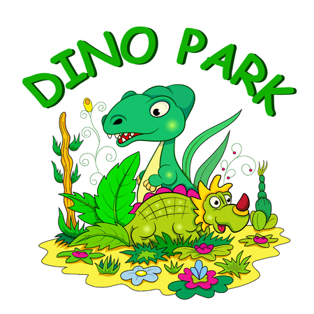Two funny cartoon dinosaur among the flowers and plants. Card of Dino park.のイラスト素材