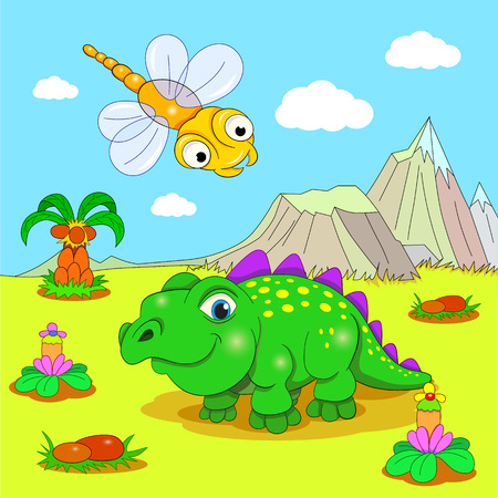 Funny dinosaur in a prehistoric landscape. Cartoon and vector isolated character on background.のイラスト素材