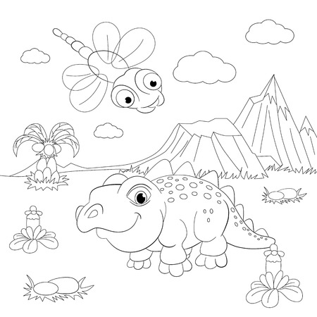 Coloring book. Funny dinosaur in a prehistoric landscape. Cartoon and vector isolated character on background.のイラスト素材