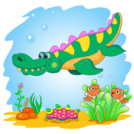 Funny dinosaur in a sea. Cartoon and vector isolated character on background.のイラスト素材