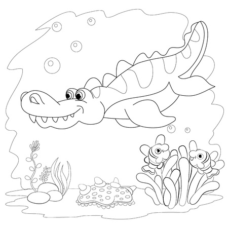 Coloring book. Funny dinosaur in a sea. Cartoon and vector isolated character on background.のイラスト素材