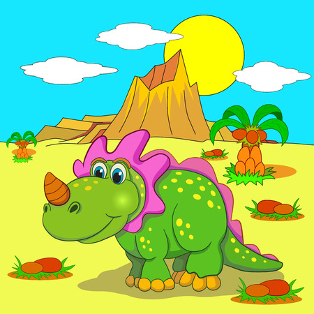Funny dinosaur in a prehistoric landscape. Cartoon and vector isolated character on background.のイラスト素材