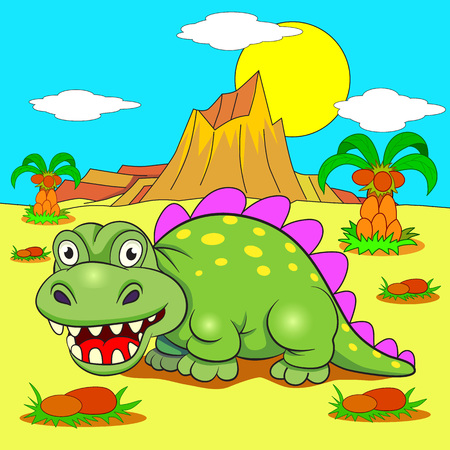 Funny dinosaur in a prehistoric landscape. Cartoon and vector isolated character on background.のイラスト素材